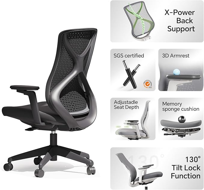 Ergonomic Office Chair Seat Depth Adjustable, Home Office Desk Chair with 3D Armrest, Mesh Office Chairs with Tilt Recline Lock,Thickened Soft Cushion, SGS Certified Gas Lift for Long Hours(Black)