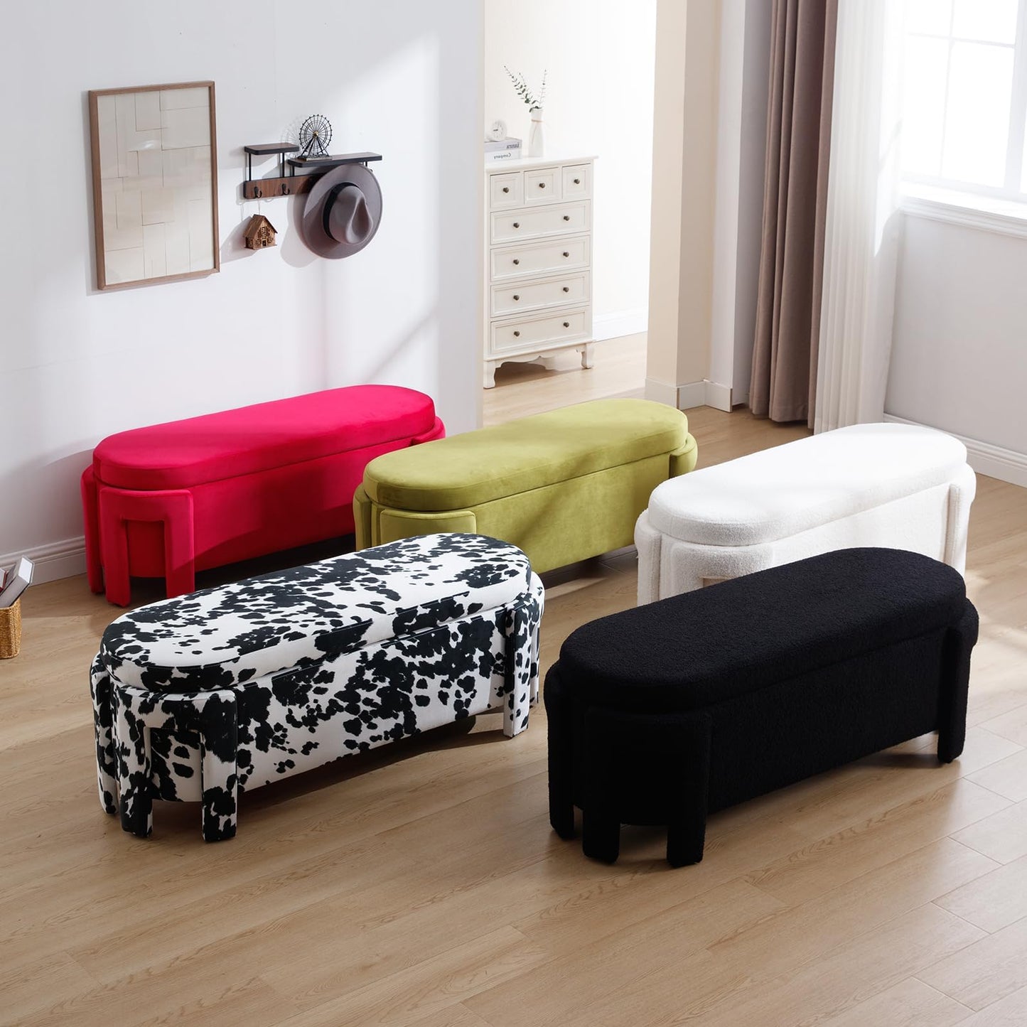 Janoray Modern Upholstered Storage Bench, Boucle Sherpa Fabric 50" Long Entryway Bench with Storage and Seating, Comfy Cute Ottoman Bench for Living Room/End of Bed/Hallway, White