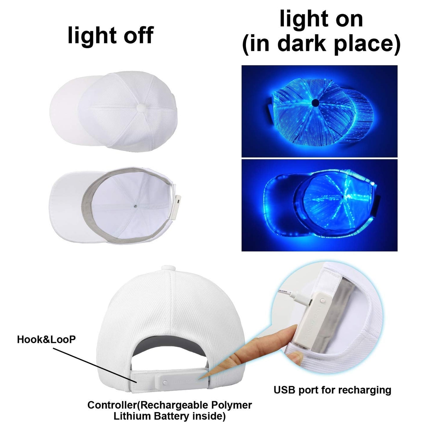 Ruconla Fiber optic cap LED hat with 7 colors luminous glowing EDC baseball hats USB Charging light up caps even party led crazy cap for event holiday