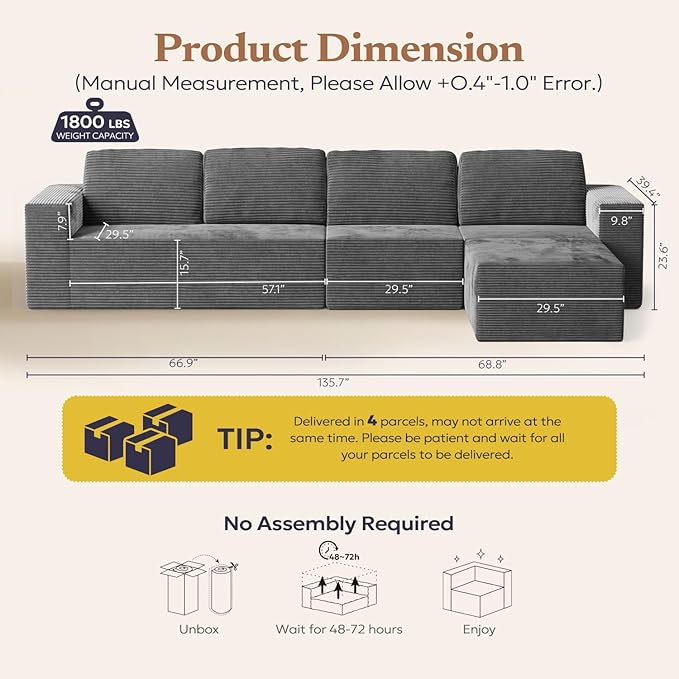 Furnify 136" Modular Sectional Sofa with L-Shape Chaise, Right/Left Facing Deep Seat Cloud Couch, No Assembly Required, Upholstered Couch for Living Room Bedroom (Deep Grey, Plush Corduroy Fabric)