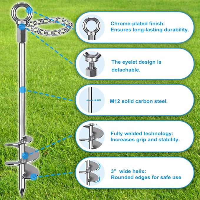 Insaga 17.5'' Fully Welded Ground Anchors with Chain, 3'' Wider Spiral Trampoline Anchors, 2pcs Mobile Home Anchors, Heavy Duty Earth Anchors for Sheds, Swing Sets, Canopies, Carports