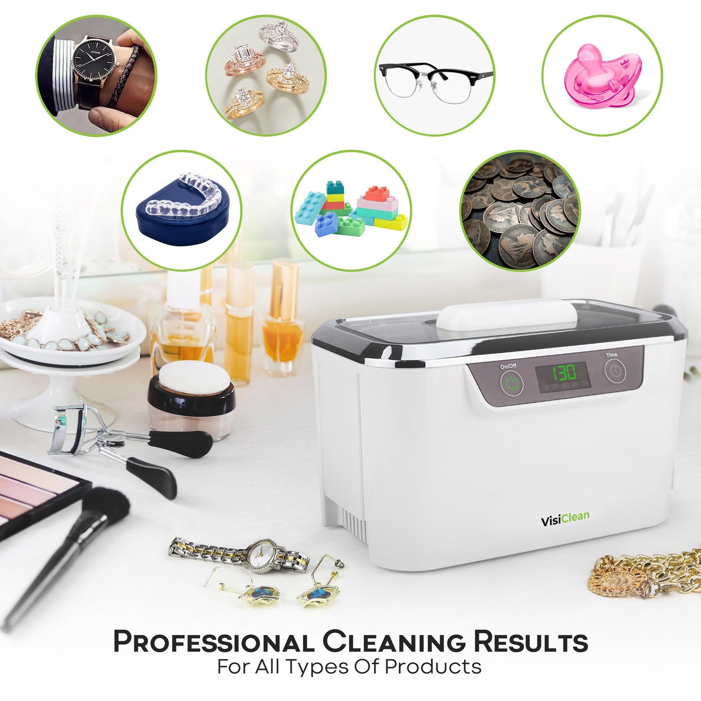Ultrasonic Cleaner, Professional Ultrasonic Jewelry Cleaner for Diamond Ring, Silver, Gold, Earrings, Necklaces, Glasses, Denture, Retainer, Cpap, Coins, Mouthguard, Razors - VisiClean