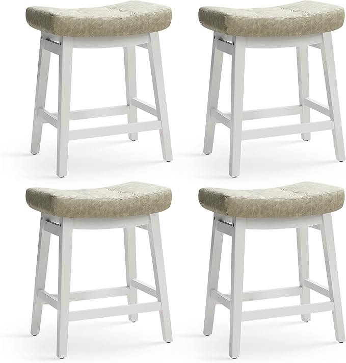 RNKSFX Counter Height Bar Stools Set of 4 for Kitchen Counter Farmhouse Modern Barstools with Faux Leather Upholstered Backless Seat and Solid Wood Legs 24 inch Bar Chairs, Light Grey + White