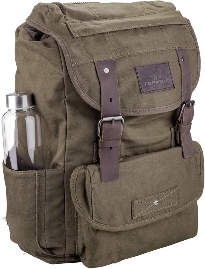 TOPWOLFS Waterproof Waxed Canvas Backpack for Men Travel Rucksack Leather Trimming (Green) One_Size