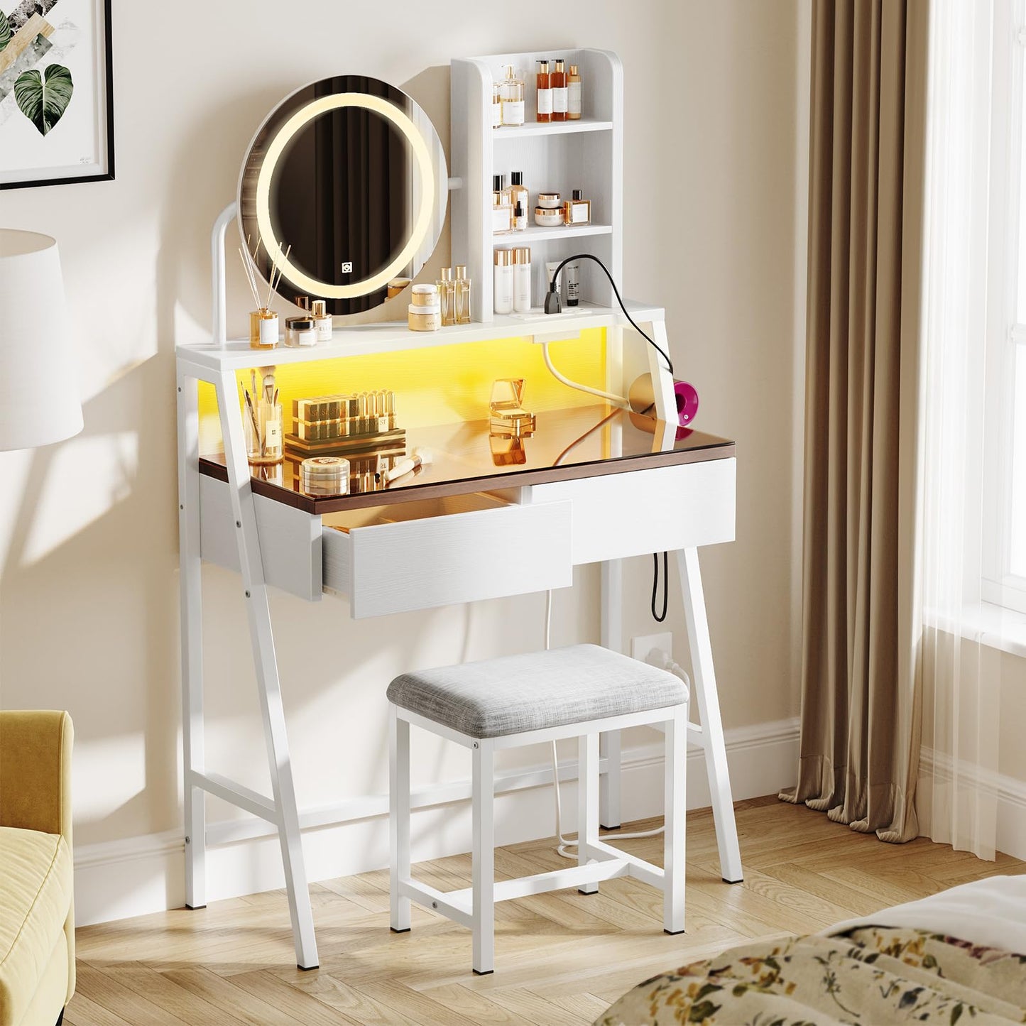 Memobarco Vanity Desk with Mirror and Lights, Makeup Vanity with Storage Shelf & 2 Drawers, Small Vanity with 3 Color Modes & Brightness Adjustable, Vanity Desk with Power Outlet & Light Strip, White
