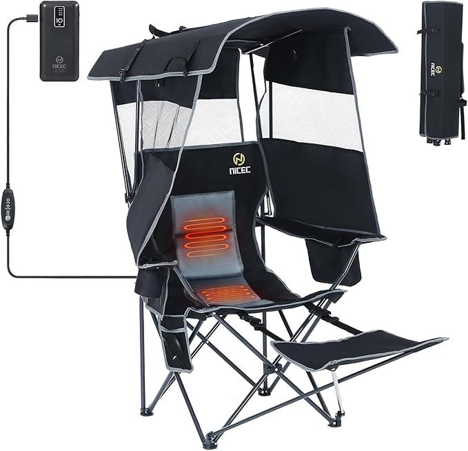 Nice C Chair with Canopy, Heated Camping Chair with Battery, Outdoor Sports Chairs with Shade, Heated Folding Umbrella Cha...