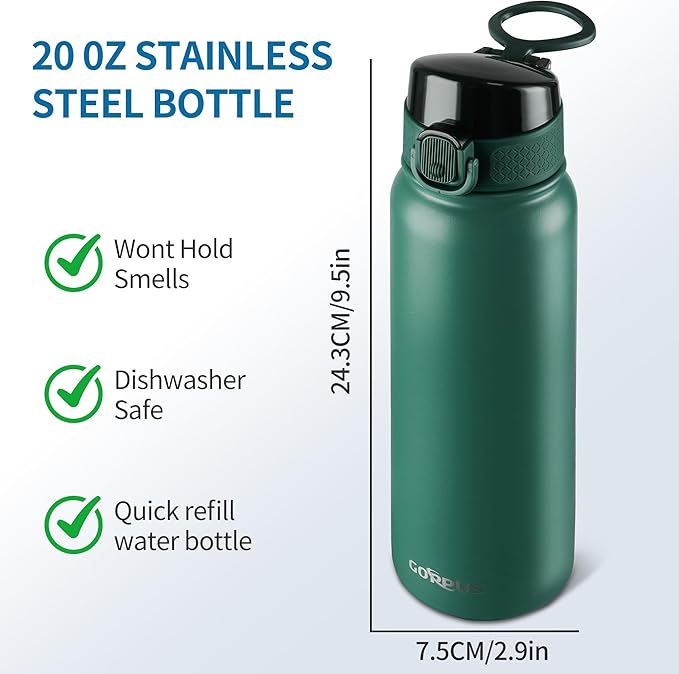 GOPPUS Insulated Water Bottle 20oz Stainless Steel BPA-Free Sports Bottle Ideal for School and Travel Silicone Spout Lid Prevents Leaks, Sweat, and Dust (army green)