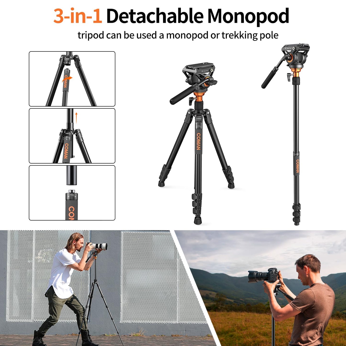 COMAN Camera Tripod with Fluid Head, Lightweight Compact Tripod for Camera with Detachable Monopod Aluminium Alloy and QR Plate for DJI Canon Nikon Sony DSLR Camera 70.8“ Max Load 22.04lb(FF06S)
