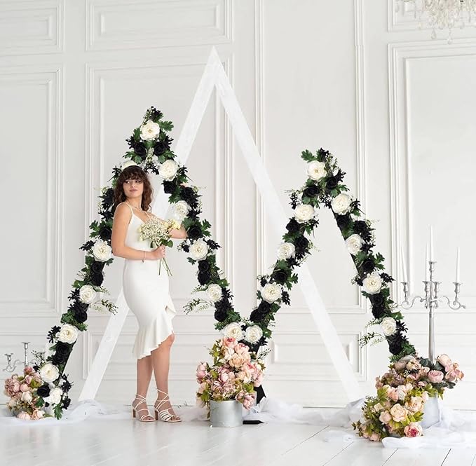 2 Pack Artificial Peony Flower Garland - 6ft Silk Peony Garland Flower Vine Silk Roses Flowers for Wedding Arch Party Table Decor (Black)