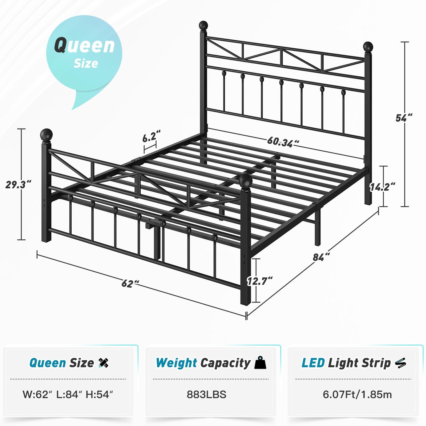 EnHomee 54" Contemporary Metal Bed Frame Queen Size with Tall Headboard, LED Light Queen Size Bed Frame, Sturdy Metal Slats Support with Under Bed Storage/Easy to Put Together/Black