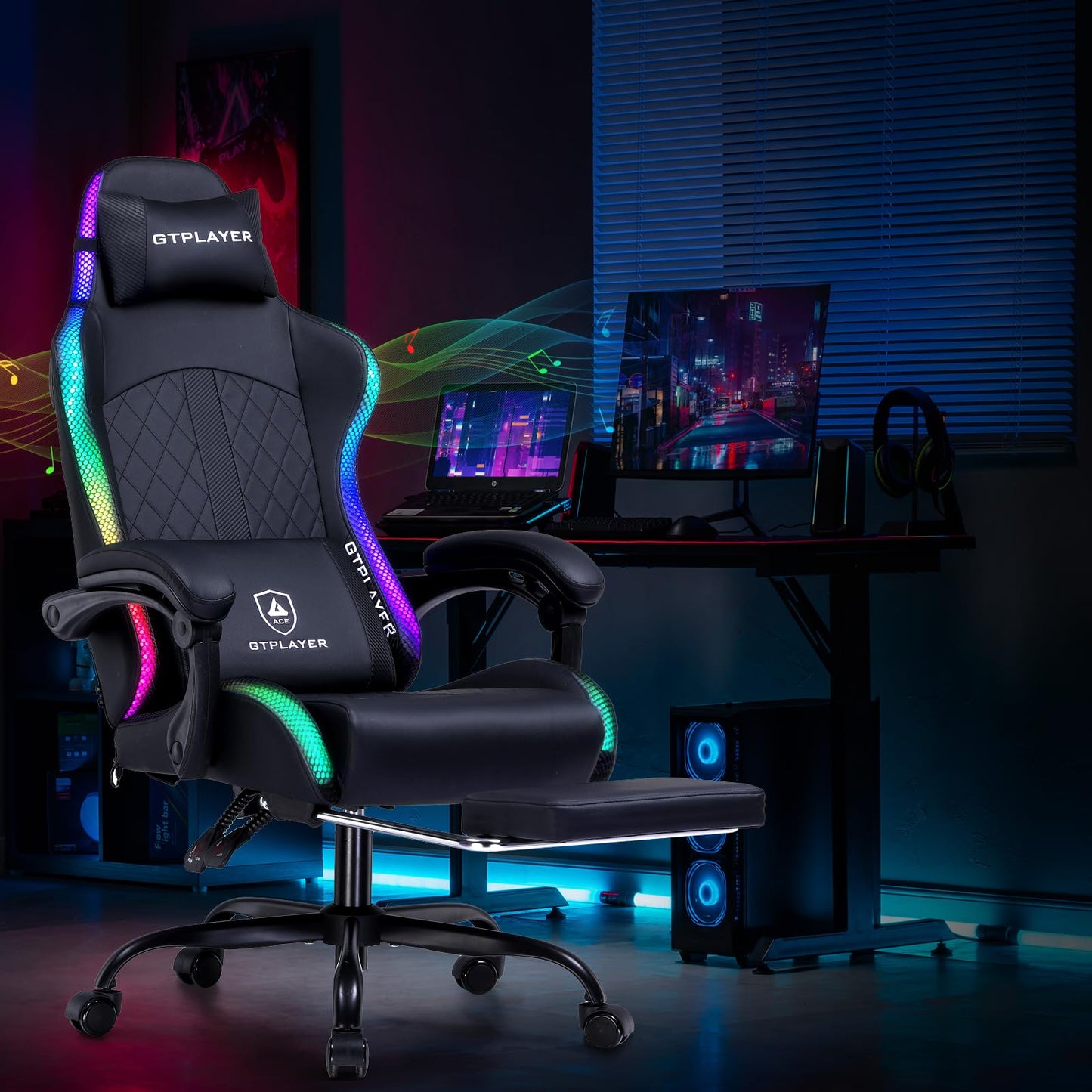 GTPLAYER RGB Gaming Chair with Speakers, Computer Gamer Chair with Footrest and LED Lights, PC Gamer Chairs for Adults, High Back Reclining Office Chairs, Linkage Armrest (Black, with Speakers)