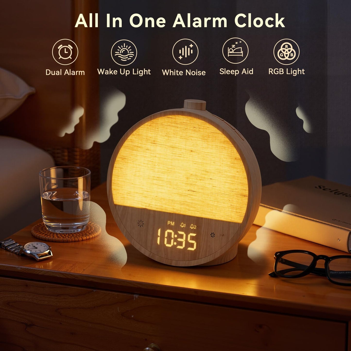 Vivilumens Wood Grain Sunrise Alarm Clock, Gentle Wake-Up Light Sound Machine, Dual Alarms for Heavy Sleepers, Natural Sounds, RGB Mood Light, Dimmable Bedside Night Lamp, Ideal for Bedroom & Gifts
