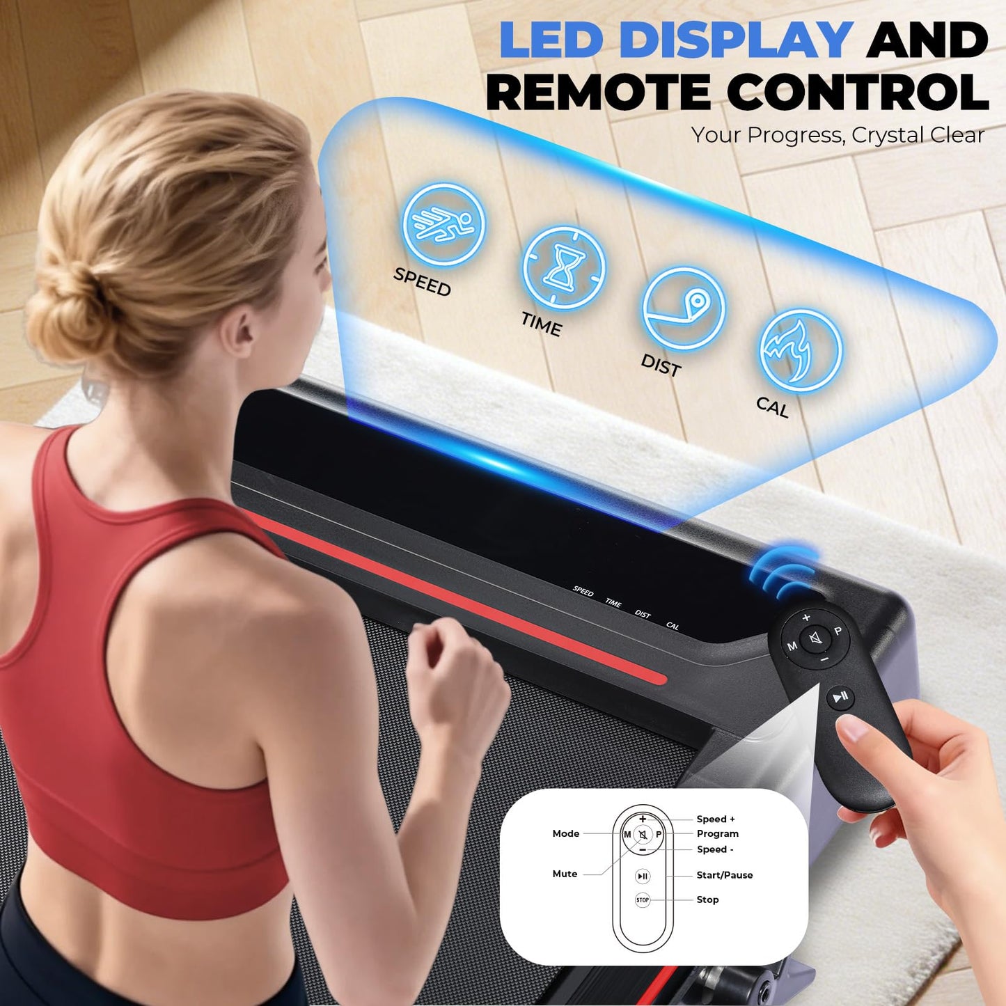 GTPLAYER Walking Pad Treadmill with Adjustable Height Handle Bar, 3HP Quiet Foldable Under Desk Treadmill, Portable Treadmills for Home 350LBS with Remote Control LED Display, Red