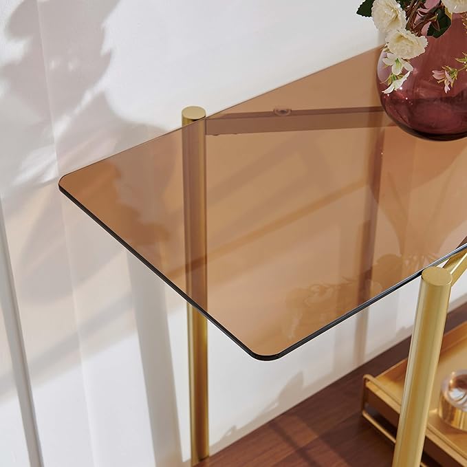 Pine Flicker Rectangle Glass Console Table, Mid-Century Modern Design, L41*W14*H32 inch, for Living Room, Amber Glass Top and Walnut Finish Wood Shelf, Conical Metal Legs with Gold Finish