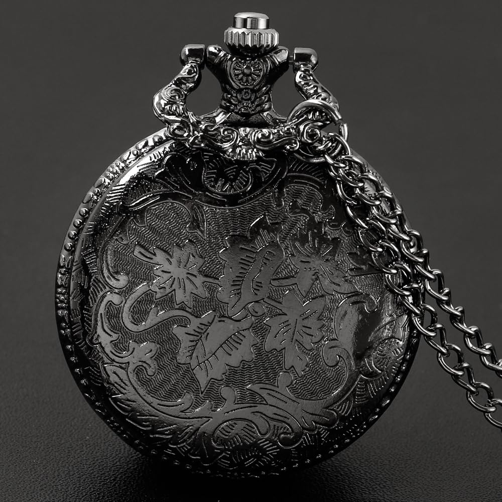 Tiong Pocket Watch Hollow Tree Design Roman Numerals Quartz with Chain Birthday Gifts(Black)