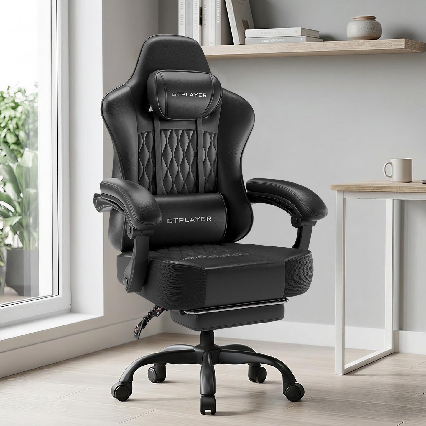 GTPLAYER Big and Tall Gaming Chair with Footrest, Ergonomic Office Desk Chair with 4.4in Thick Cushion and Wide Wingless Seat, Comfortable Leather Computer Chair, Predator Series, Satin Black