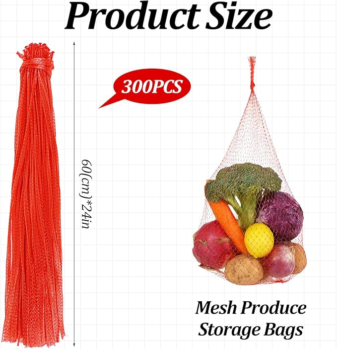 300 Pcs Reusable Mesh Produce Bags, 24 Inch Red Mesh Seafood Boil Bags Stretchable Vegetable Bag Grocery Shopping Storage for Vegetables, Potato, Onion, Fruits, Citrus, Seafood, Crawfish