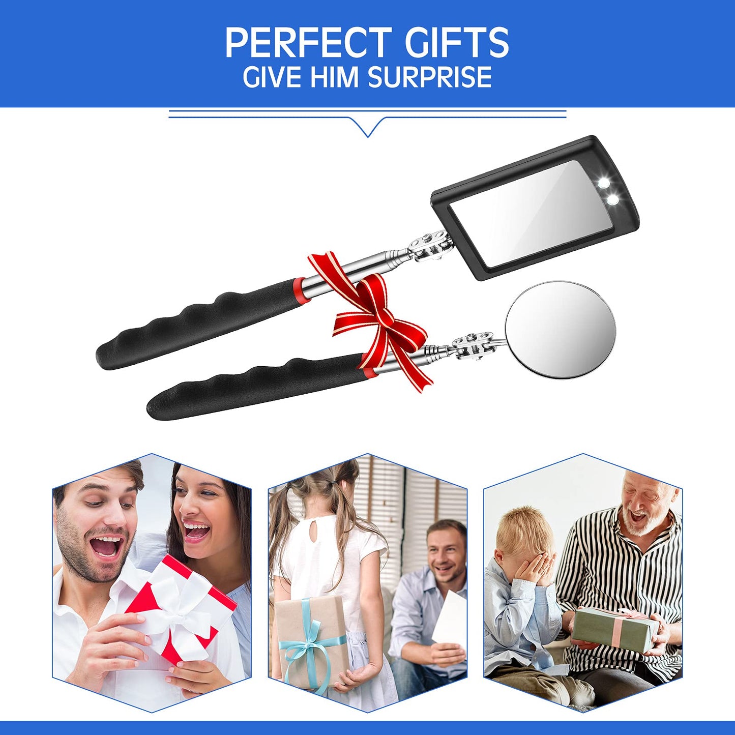 Frienda 2 Pieces Lighted Telescoping Inspection Mirror Flexible Retractable LED Automotive Extension Round Dental Mirror with Light Pickup Tools Birthday Christmas Gift for Men Husband Father
