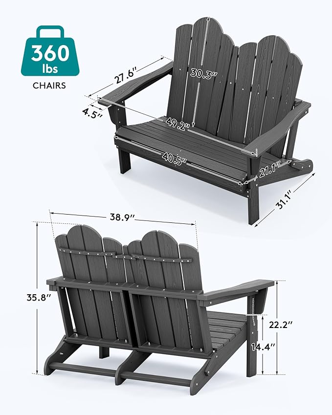 SERWALL 3 Pieces Patio Adirondack Bench Set, 2 Folding Adirondack Bench and 1 Coffee Table Set for Front Porch Garden Balcony Backyard, Grey