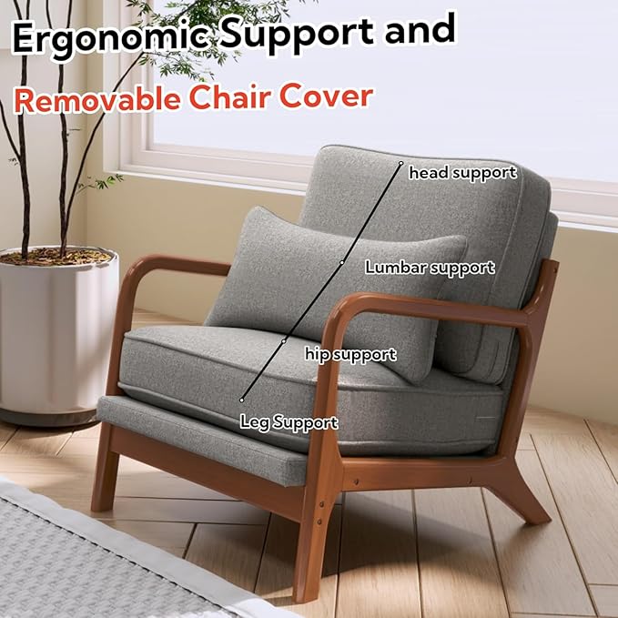 SEYNAR Mid-Century Accent Chair, Linen Fabric Lounge Chair with Wide Armrest, 13-16.5'' Low Seat Height Armchair with Lumbar Pillow & Solid Wood Frame for Living Room, Bedroom, Balcony(Light Gray)