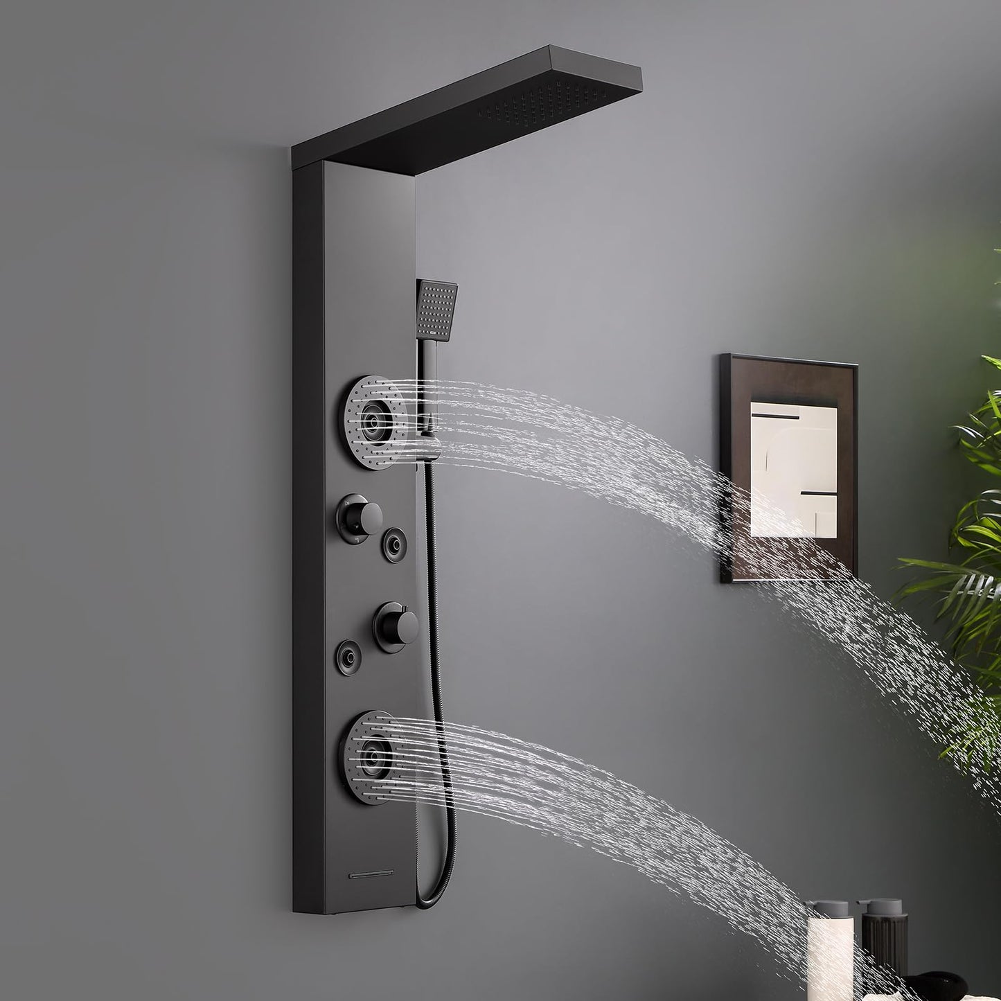 ROVATE Shower Panel Tower System with Rainfall Shower, Elegant Matte Black Shower Tower with Powerful Body Massage Jets, Handheld and Tub Spout, Stainless Steel Shower Column High Pressure