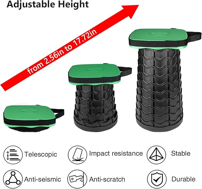 Outward Gear Collapsible Folding Stool Upgrade Heavy Duty 550lbs Load Capacity Foldable Portable Camping Stools Sturdy Retractable Telescoping Stool (Green)
