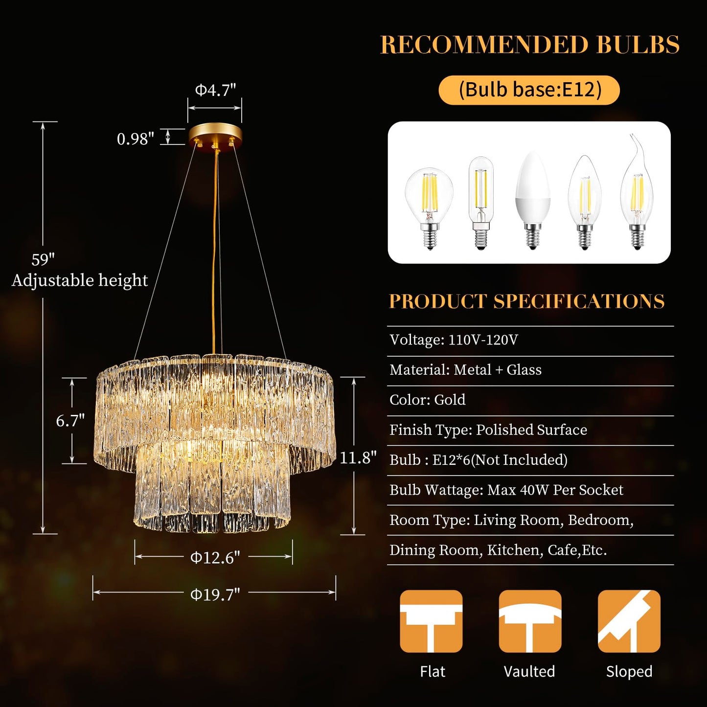 Tunkayli 20" Crystal Chandelier Modern Gold Glass Chandeliers 2-Tier Round Elegant Luxury Lighting 6-Light Drum Crystal Chandelier for Dining Room Kitchen Restaurant Foyer Bedroom Living Room