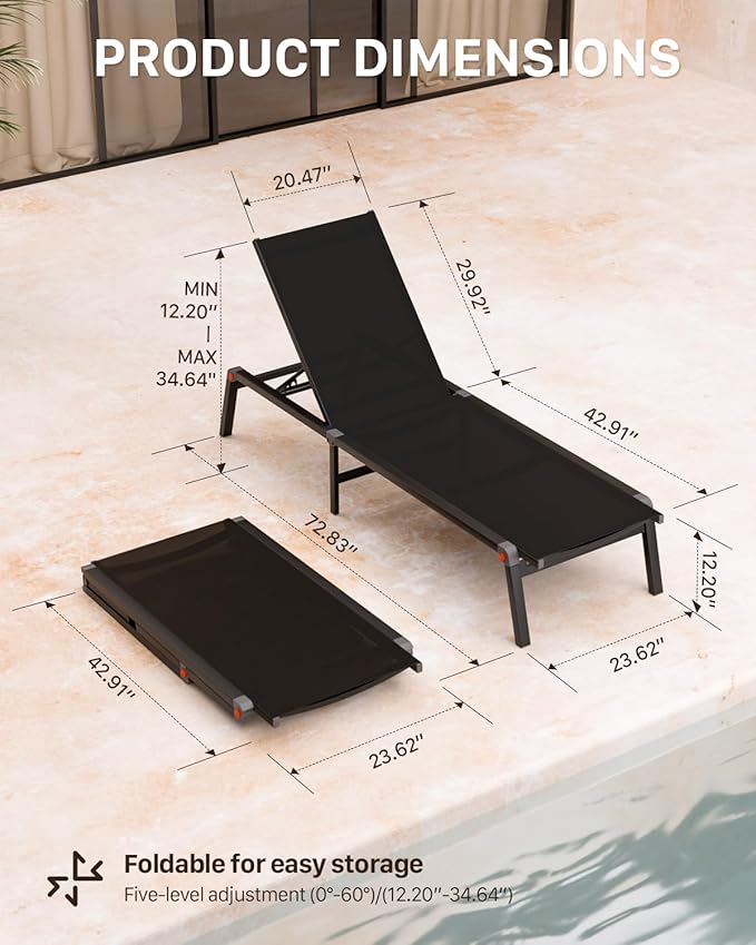 Aluminum Chaise Foldable Patio Lounge Chair Outdoor, Metal Deck Lounger Adjustable 5-Position Recliner Pool Chase Breathable Full Flat Outside Sun Tanning Chairs for Beach/Poolside/Lawn(Black, 1 Pack)