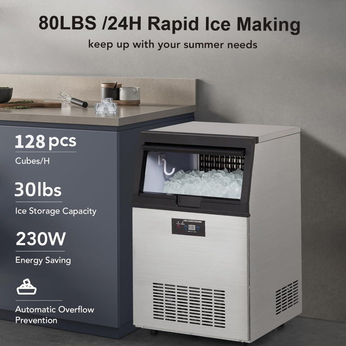 Commercial Ice Maker 80lbs/24H Undercounter Ice Machine, 30 Lbs Storage Capacity, Stainless Steel, Low Noise, Automatic Overflow Prevention, Adjustable Ice Cube Thickness
