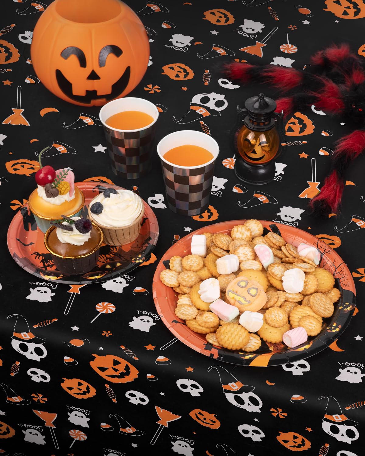 Colemoly Halloween Table Cloth 5 Pack 54in x108in Plastic Table Cover, Bat & Pumpkin Rectangle Disposable Tablecloth, Black Table Cloths for Parties Decoration