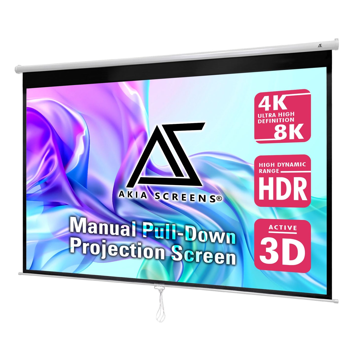 Akia Screens 110 Inch Manual Pull Down Projector Screen, 16:9 Retractable Projection Screen, 4K 8K HD Ready, Wall or Ceiling Mount, Auto-Locking Indoor Home Theater Screen, White Case (AK-M110H1)