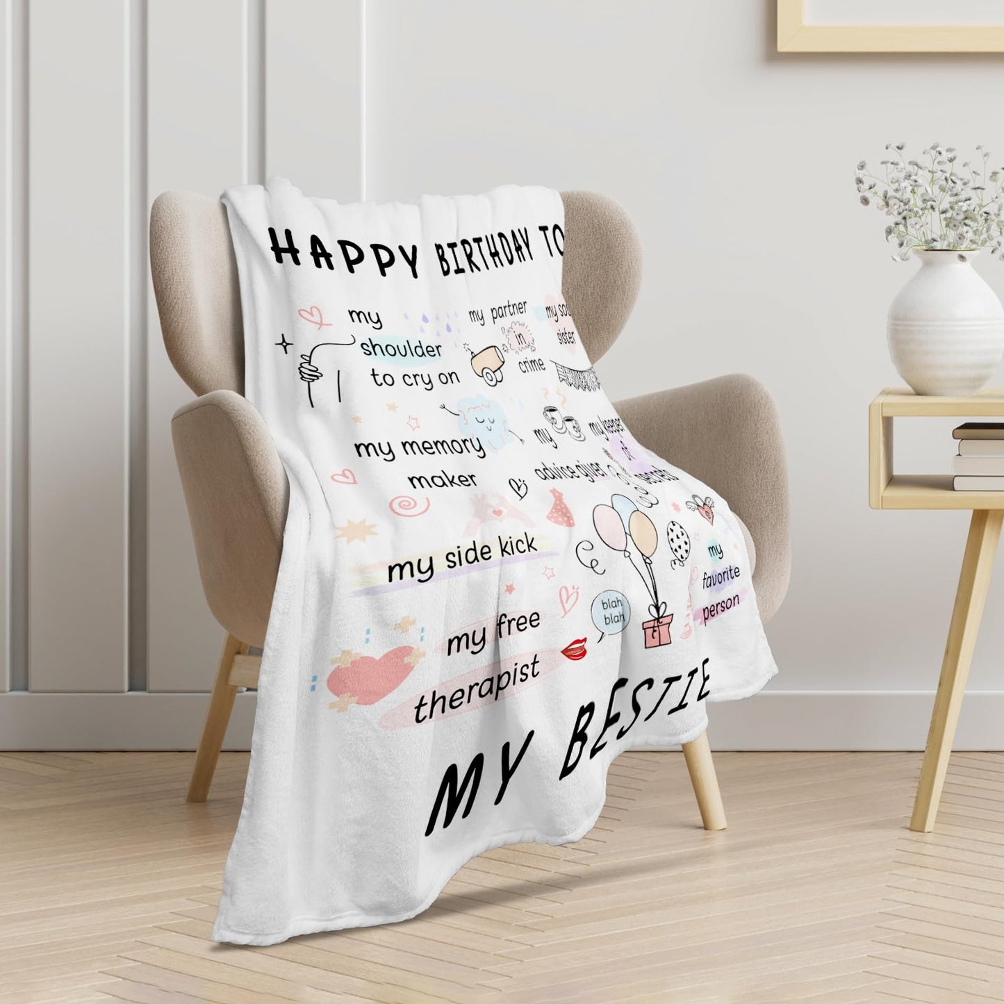 Funny Happy Birthday Gifts for Women Best Friend friendship Her Sister, Bestie Best Friend Sister Birthday Gifts for Women, Cozy White Best Friends Blanket, Bestie Throw Blanket for Couch 50*60in