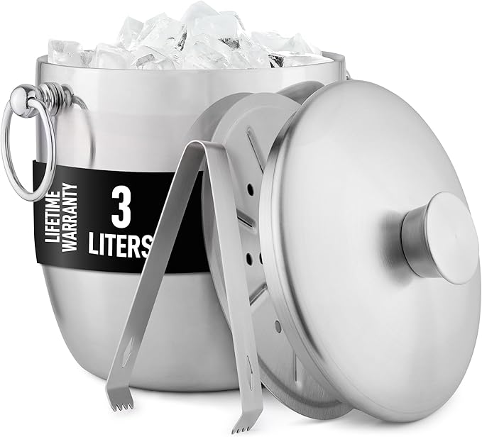 Zulay Kitchen Premium Stainless Steel Double-Wall Insulated Ice Bucket Kit – 3L, Leak-Proof, Stylish Drink Cooler for Part...