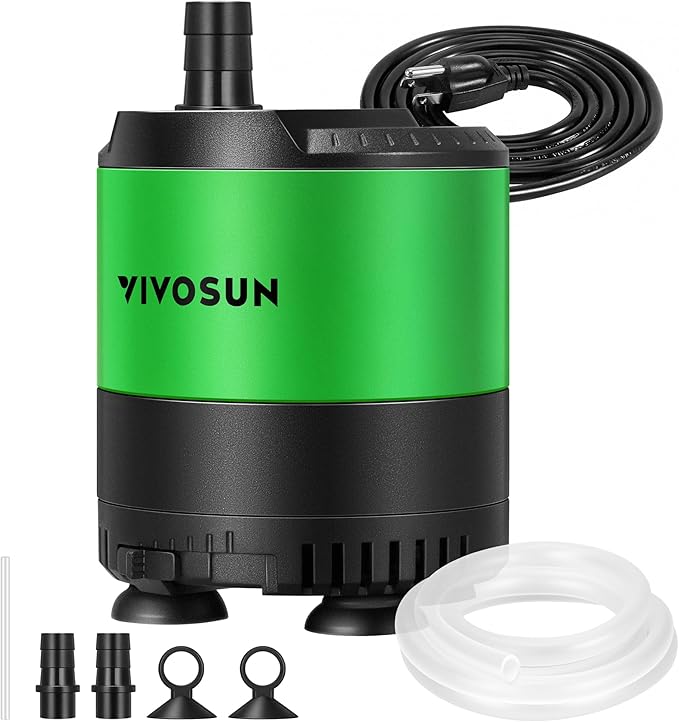 VIVOSUN 210 GPH 10W Submersible Water Pump, with Adjustable Water Flow, 4.9ft Tubing, Additional Ceramic Shaft, and Outlet...