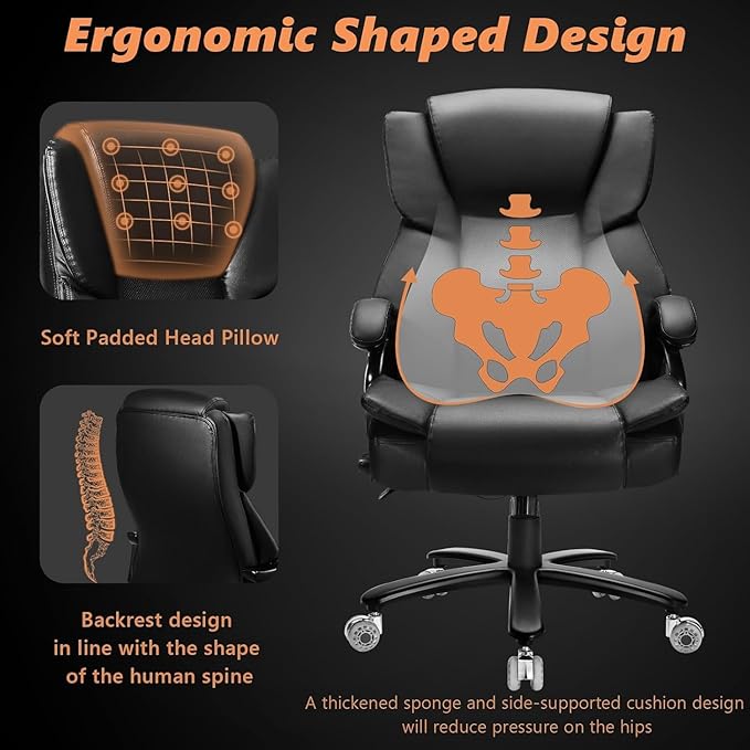 Indulgear 500lbs Big and Tall Office Chair with Gel Seat Cushion,Heavy Duty Office Chair for Heavy People, High Back Executive Computer Chair with Adjustable Lumbar Support, Dual Rubber Wheel