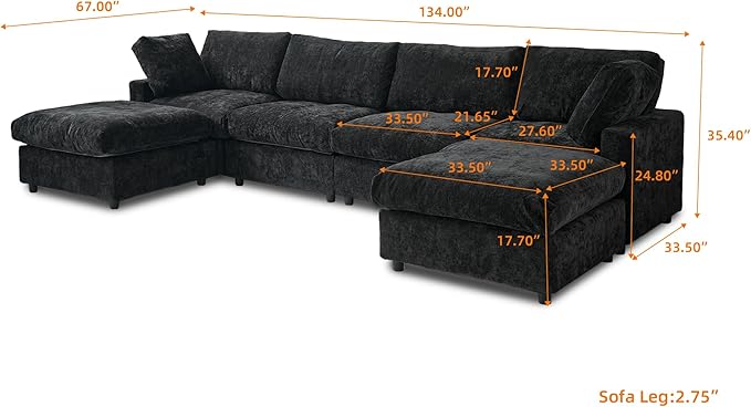 WJShome Cloud Couch Modular Sectional Sofa, 134" U Shaped Couch for Livingroom, Oversized Convertible Wide Seater with 2 Ottomans Living Room Set, Covers Washable&Replaceable,Black