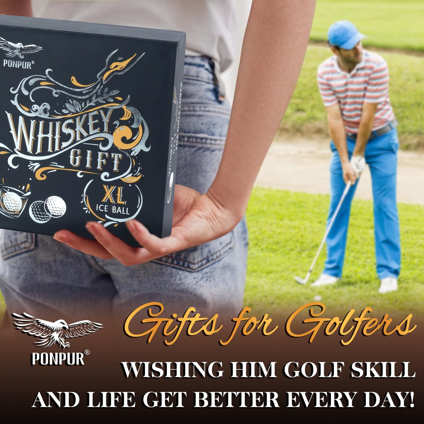 PONPUR Men's Golfer Gifts, Chirstmas Anniversary Birthday Gifts for Dad Him Husband, 4 Whiskey Golf Balls with 1 Tongs, Reusable Stainless Steel Golf Ice Balls Whiskey Gift for Golf Lover