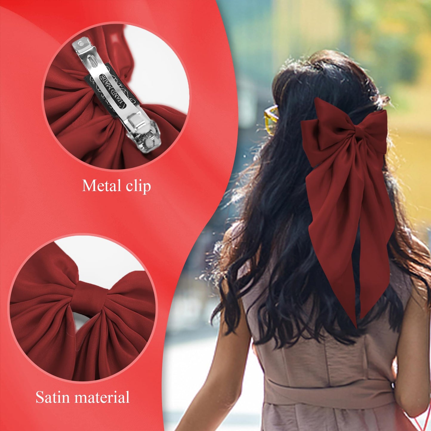 Hair Bows for Women, 2Pcs Burgundy Red Bow Hair Clips for Girls, Silky Satin Hair Bows Clips Long Tail, Large Hair Barrettes Cut