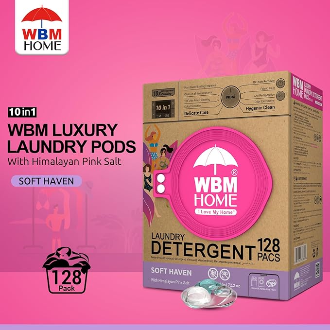 WBM Home Laundry Pods, Total 128 Count | Specially Designed for Undergarments With Soft Heaven Fragrance | Laundry Detergent Pods Formulated With Plant-Based Formula and Gentle Stain Remover