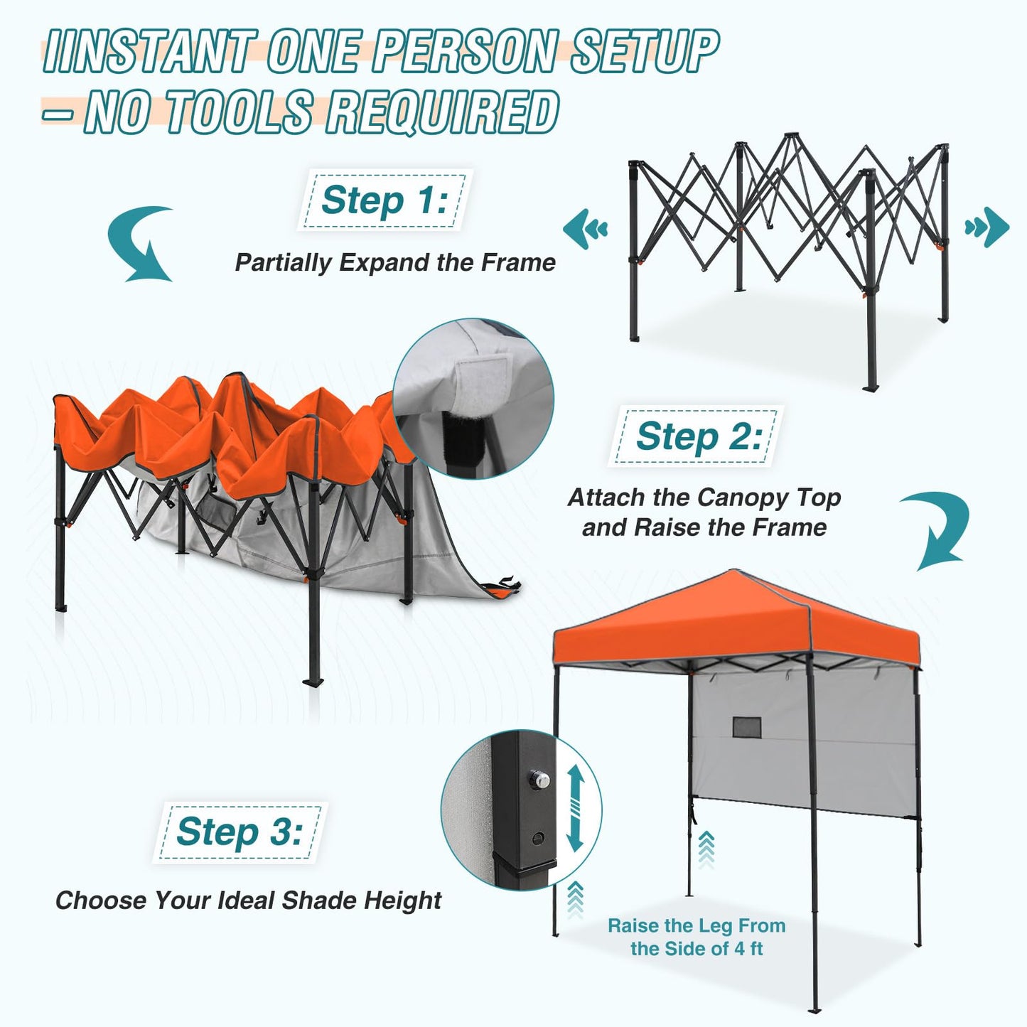 EAGLE PEAK Instant Pop Up Canopy with Adjustable Sun Wall 6x4, Straight Lightweight Compact Portable Tent with Carry Bag, Orange