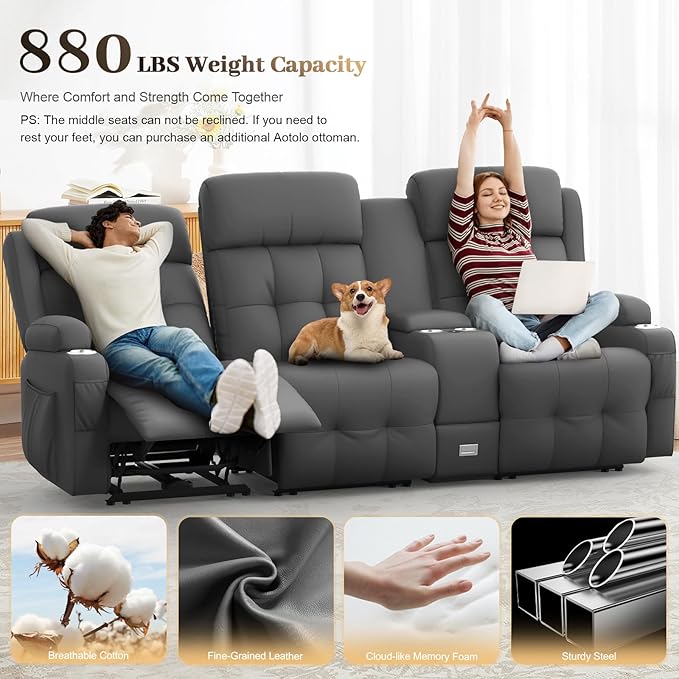 Aotolo Recliner Sofa, Massage Reclining Sofa 3 Seater Sets Heavy Weight Capacity, RV Loveseat Couch Clearance with Console, USB, Type C Port, Storage, Cup Holders, Wall Hugger Chair for Living Room