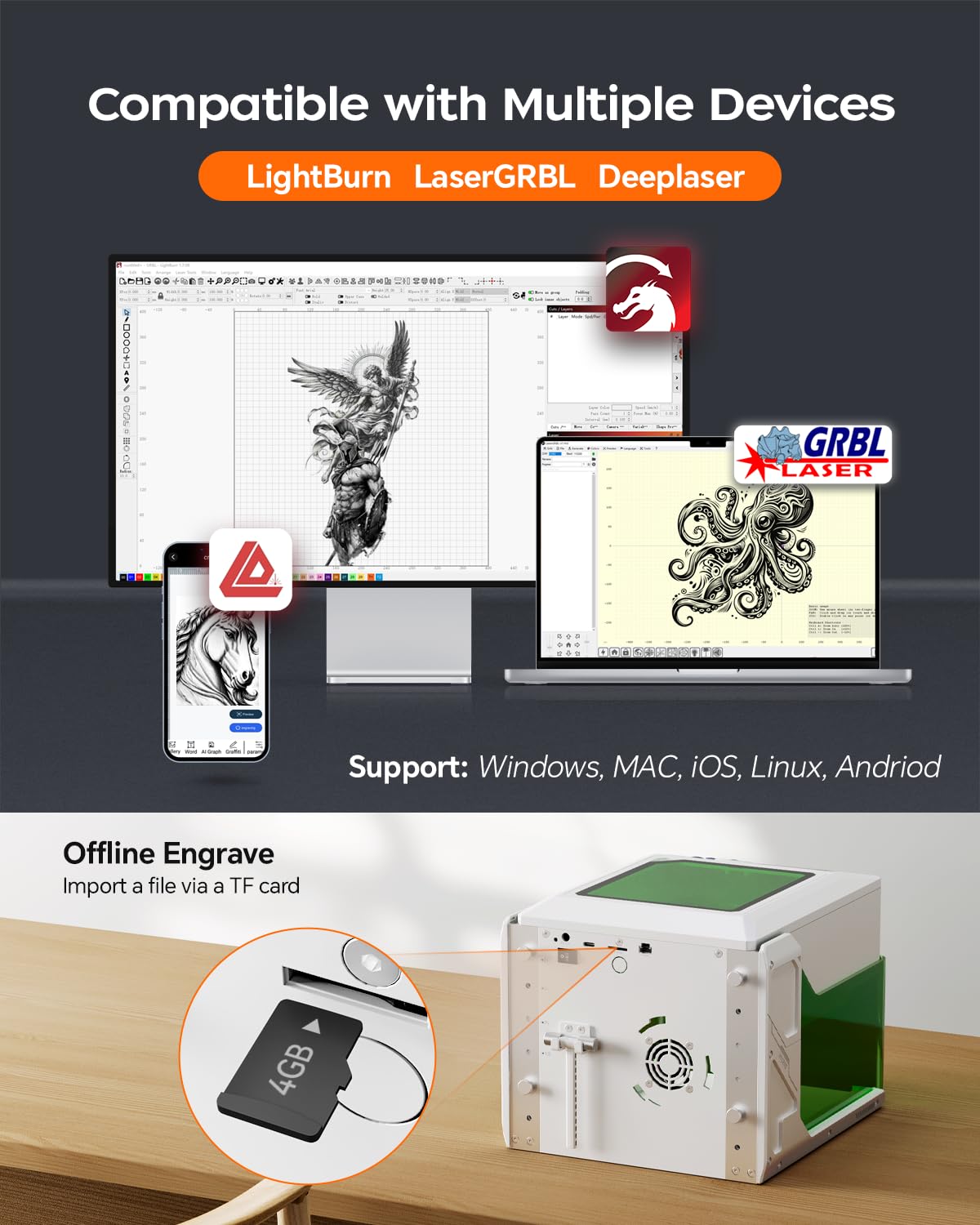Gorifei F1 5000mW Laser Engraver Machine, Portable & Smart with Display Screen, Wireless/SD Card/Offline Engraving, Deeplaser Self Developed System for Wood, Acrylic, Leather, Laser Class 1