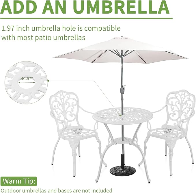 Withniture Patio Bistro Sets 3 Piece,Cast Aluminum Bistro Table and Chairs Set of 2 with 1.97" Umbrella Hole,All Weather Bistro Table Set Outdoor Patio Furniture for Garden,Yard(Butterfly White)