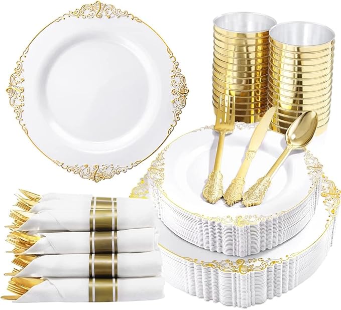 Nervure 350PCS Gold Plastic Plates - Gold Plastic Dinnerware Sets for 50 Guests - 100 Disposable Plates, 150 Silverware, 5...