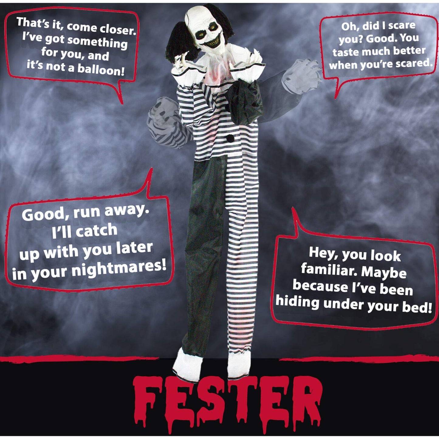Haunted Hill Farm Scary Animatronic Talking Clown with Touch Activated Lights and Sounds, Indoor or Covered Outdoor Halloween Decorations for Home or Haunted House, Battery Operated Halloween Props