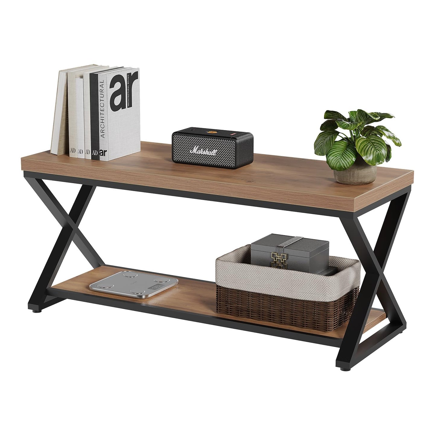 IBF Wood Bench Indoor, Industrial entryway Bench with Shoe Storage for Living Dining Room, Farmhouse Wooden Metal Entry Way Foyer Benches Seat for Bedroom Entryway, Rustic Oak, 39 Inch Long