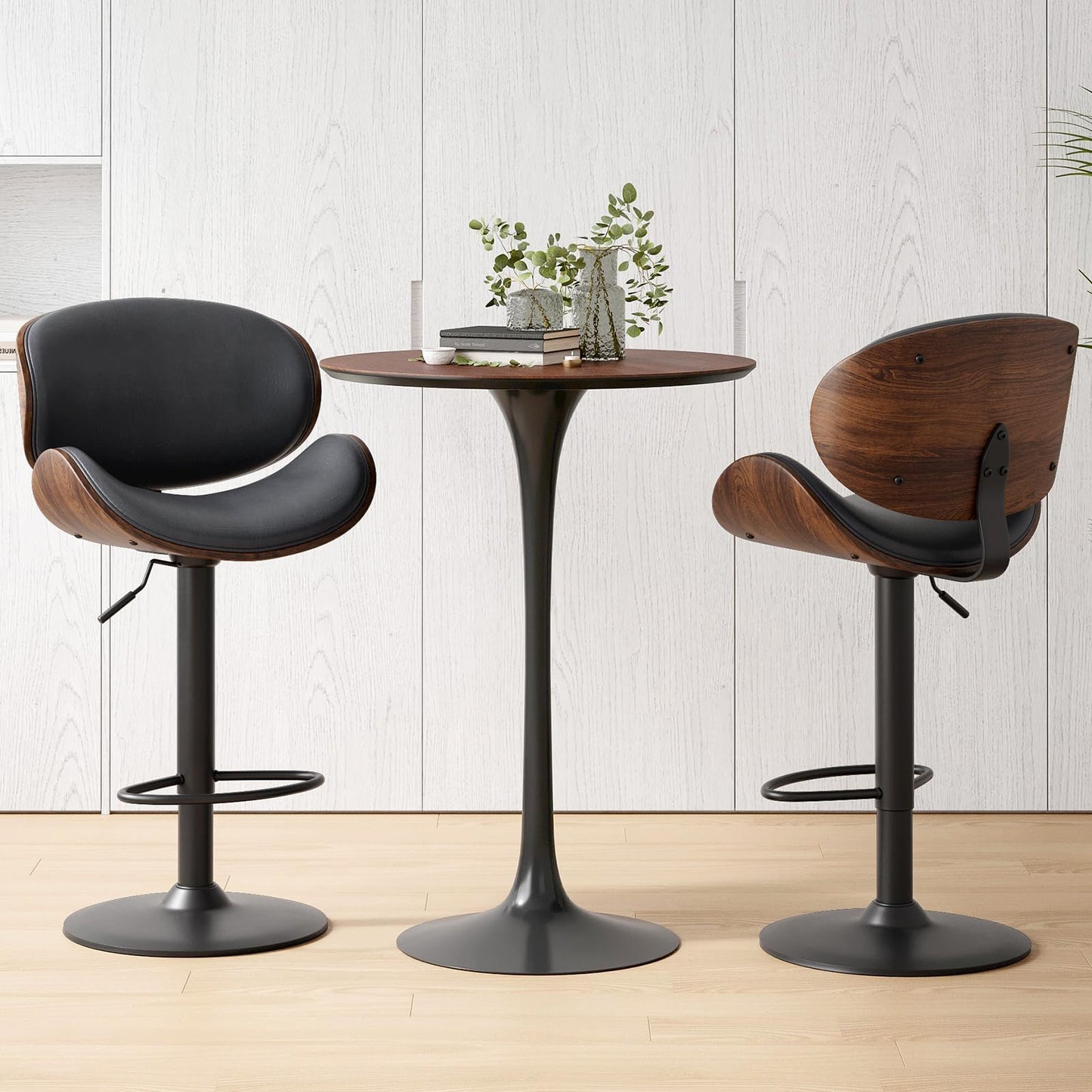 Soohow Adjustable Bar Stools Set for 2, Ergonomic Modern Swivel Bar Stools with Back for Kitchen Island, PU Leather Bar Stool with Footrest Mid Century Barstools, Industrial Counter Height Bar Stools