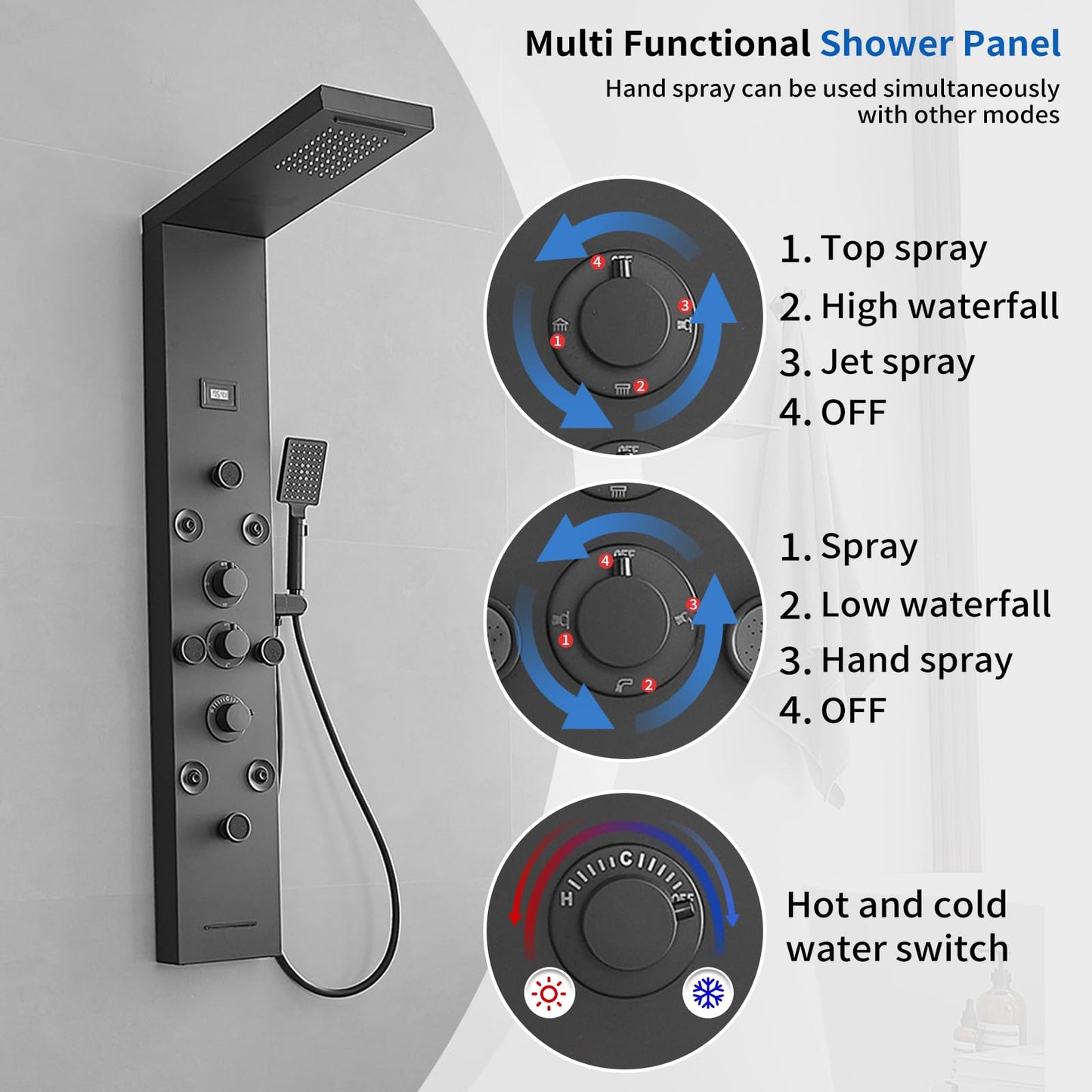 Bathfinesse Shower Panel, Shower Tower, Bathroom Shower Panel Tower System, 6 IN 1 Shower Functions, Stainless Steel Wall Mounted, Black