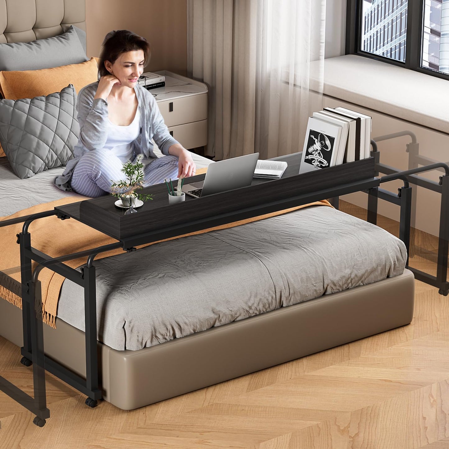 funrautz Adjustable Height Overbed Table, Rolling Overbed Bedside Desk with Raised Baffle and Spacious Desktop, Over BedTable with Wheels for Home Office Bedroom Hospital Use (Matte Black)