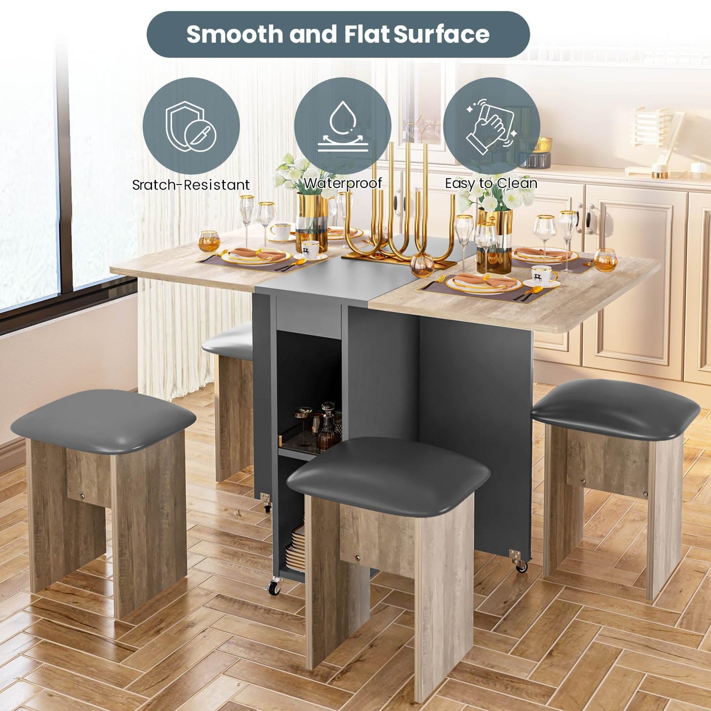 furlinkhm Folding Dining Table Set for 4, Dinner Table with 4 Leather Chairs and Shelves, Space Saving Foldable Dining Table with 6 Wheels, Kitchen Table for Small Spaces (Grey)